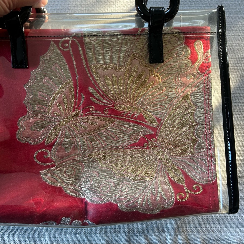 Vintage Clear Vinyl Handbag with Red & Gold Brocade Insert – Y2K / Late 90s - Picture 4 of 15
